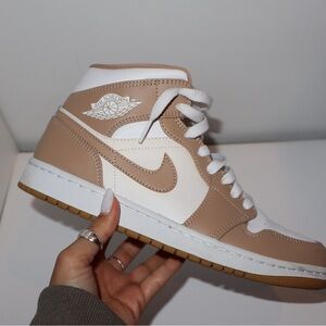Air Jordan 1 Retro Mid Sneakers - Beige and White